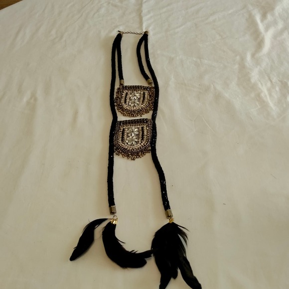 Iris Apfel & Bajalia Black-Clear Rhinestone Feathered Beaded 2 Layer Necklace - Picture 2 of 16